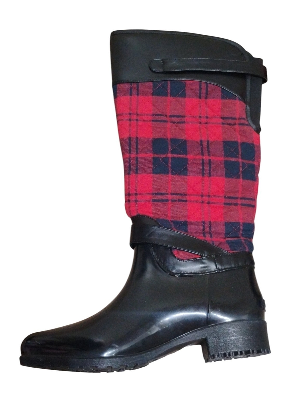 Charlie Paige Red Plaid Quilted Tall Rain Boots w Black Trim Size 10 - Picture 10 of 11